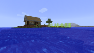 A wooden cottage with cobblestone trims near sugarcane and wheat farms.